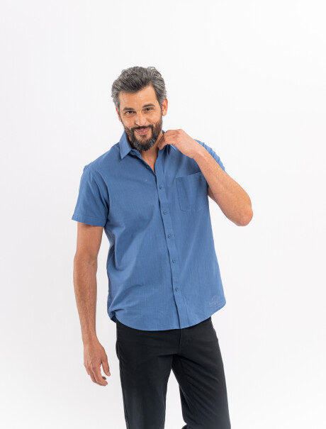 Camisa m/c lisa efecto lino azul