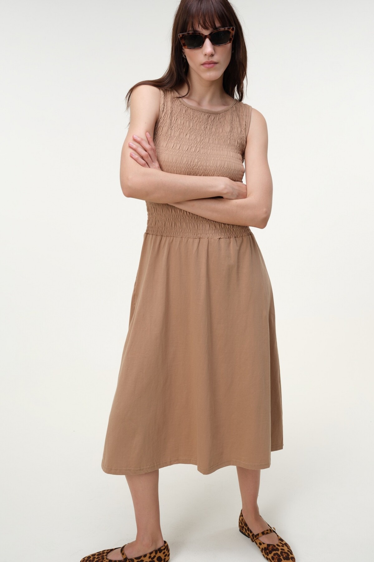 Vestido Frunces Algodón Marron