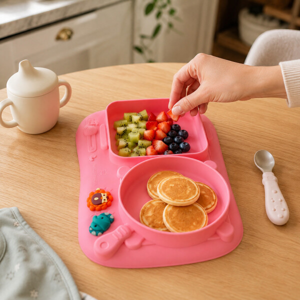 Plato Infantil Silicona Divisiones Antideslizante Bebé Rosa 1