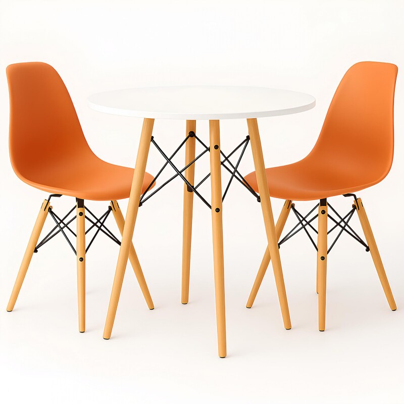 Juego de comedor Con Mesa Circular de 80cm + 2 Sillas Eames Naranja