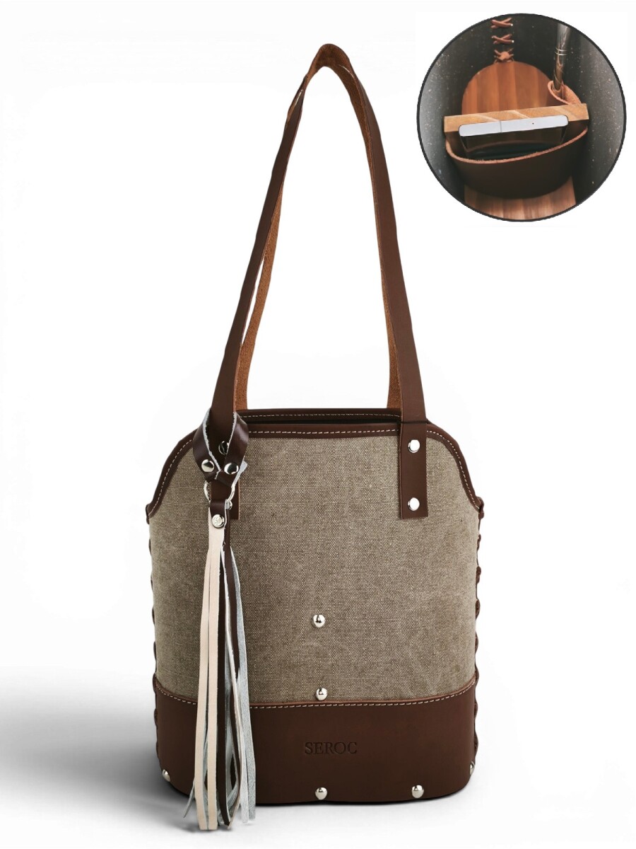 Matera de lona con base de madera y porta celular - Beige 