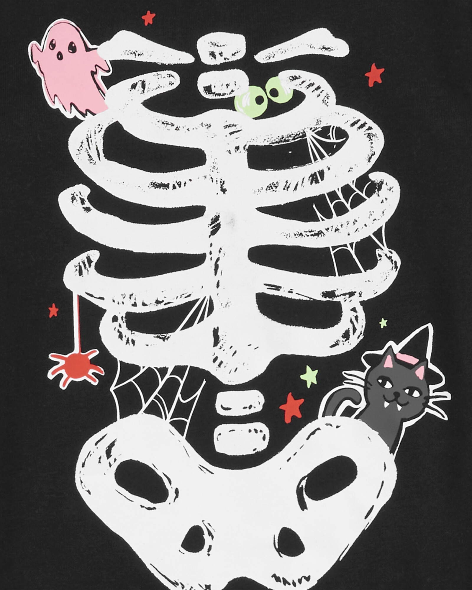 Pijama dos piezas de algodón, diseño esqueleto resplandeciente con fantasma y gato de Halloween. Talles 6-8 Sin color