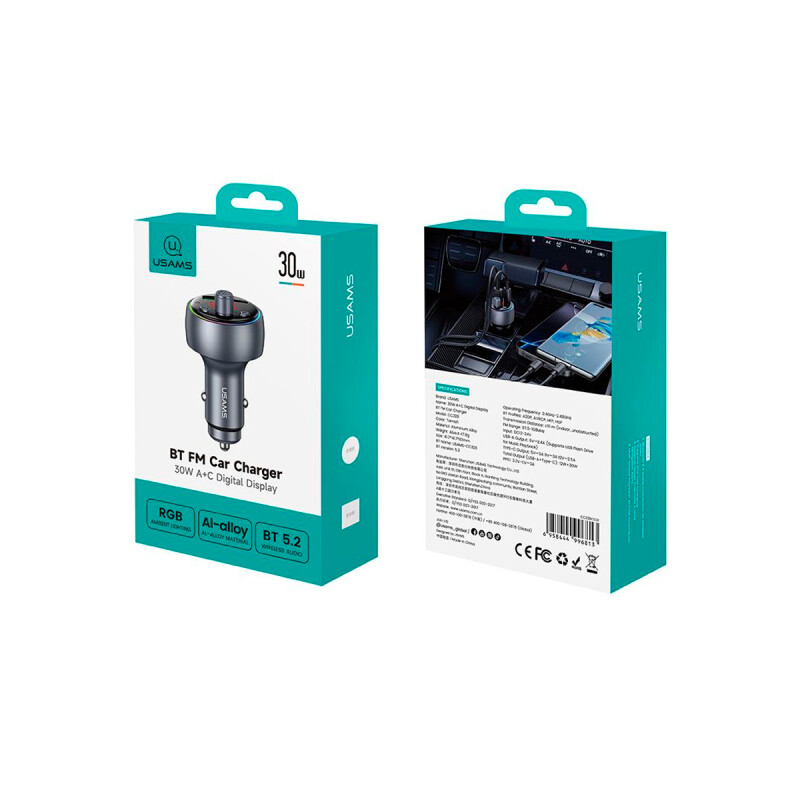 Ficha cargador Usams Bluetooth FM USB-A + USB-C 30W Ficha Cargador Usams Bluetooth Fm Usb-a + Usb-c 30w