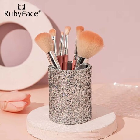 Set de 5 Brochas Maquillaje con Recipiente Porta Pinceles Plateado