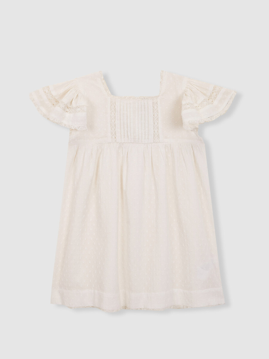 Vestido Con Jaretas Y Tiras Bordadas Blanco
