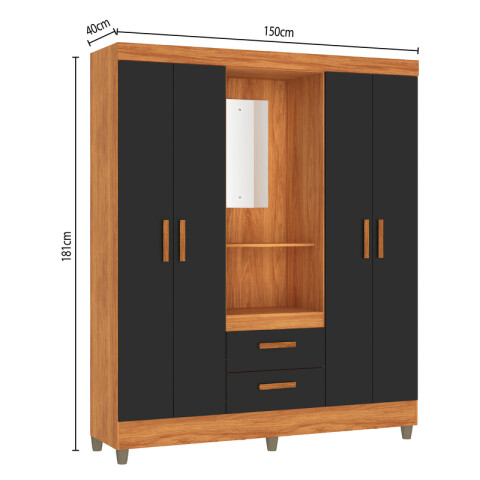 Ropero Vetro 4 Puertas 2 Cajones con Espejo, Perchero y Tocador 150cm MDP - Cinamomo Negro Ropero Vetro 4 Puertas 2 Cajones con Espejo, Perchero y Tocador 150cm MDP - Cinamomo Negro