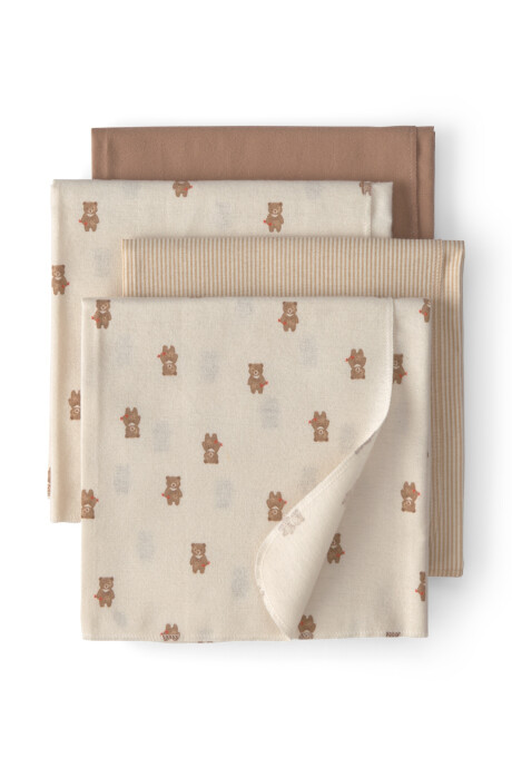 Pack cuatro mantas recibidoras de algodón, beige, diseño oso Sin color