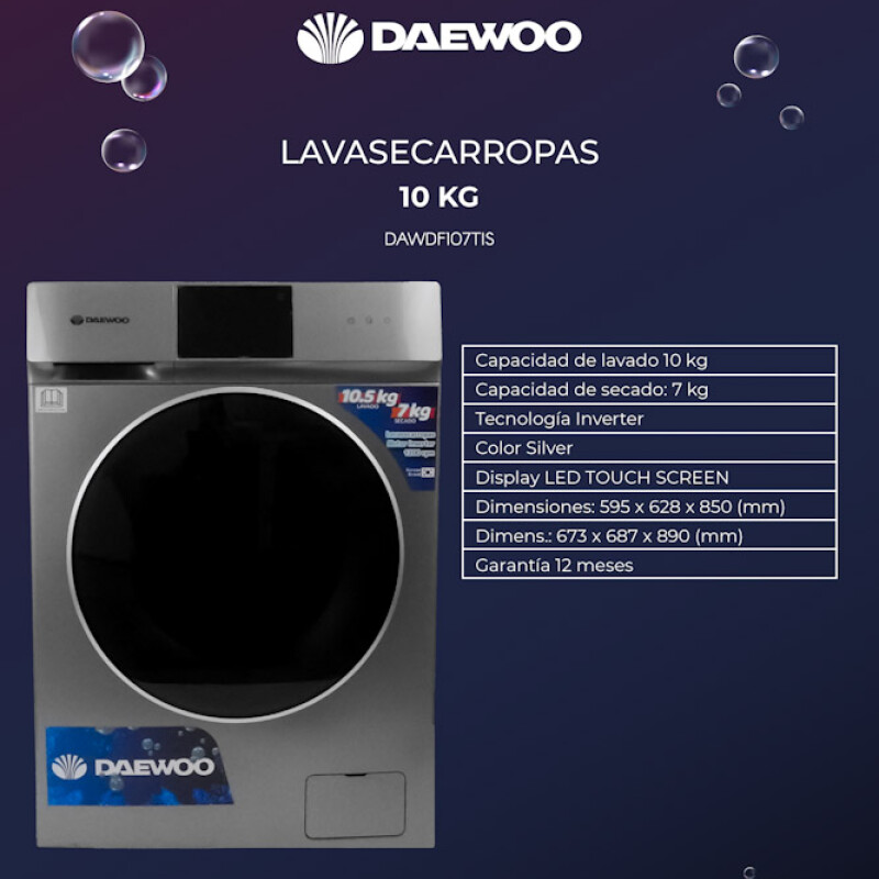 Lavasecarropas Inverter 10,5kg Daewoo | Secado 7kg | Color gris oscuro Lavasecarropas Inverter 10,5kg Daewoo | Secado 7kg | Color gris oscuro