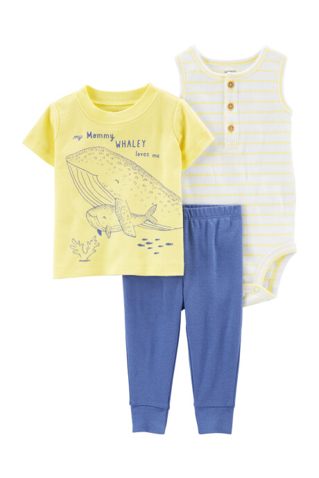 Set tres piezas de algodón, pantalón, remera y body, estampa ballena Sin color