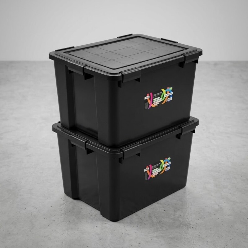 Set x2 Cajas organizadoras 80lts con 6 trabas NEGRO