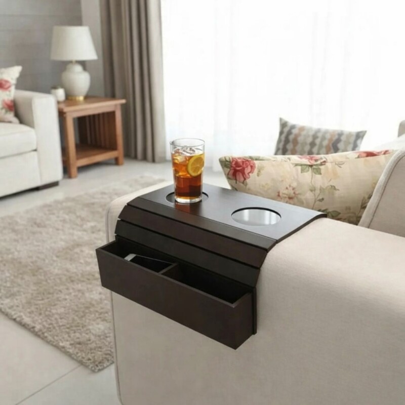 Bandeja para brazo del sofá con posavasos y guardado - Color chocolate Bandeja para brazo del sofá con posavasos y guardado - Color chocolate