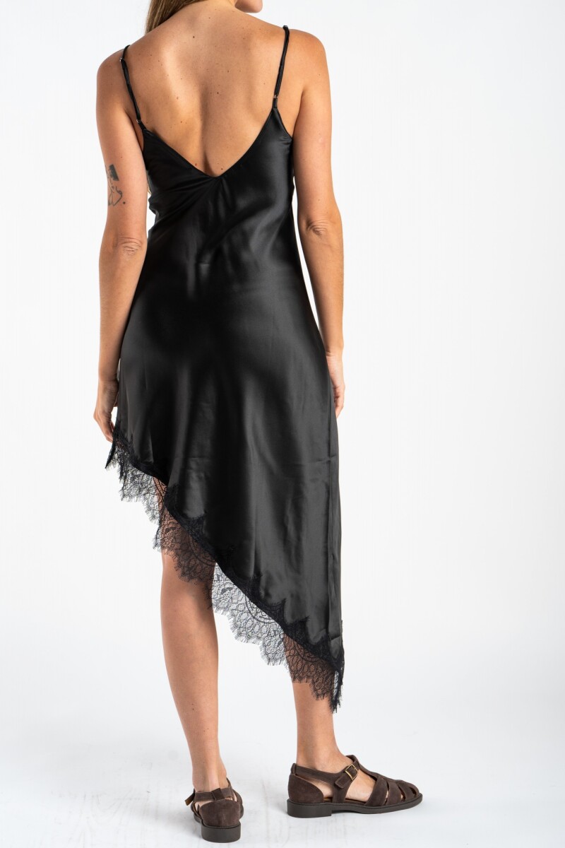 Vestido Midi Satinado Con Encaje Negro