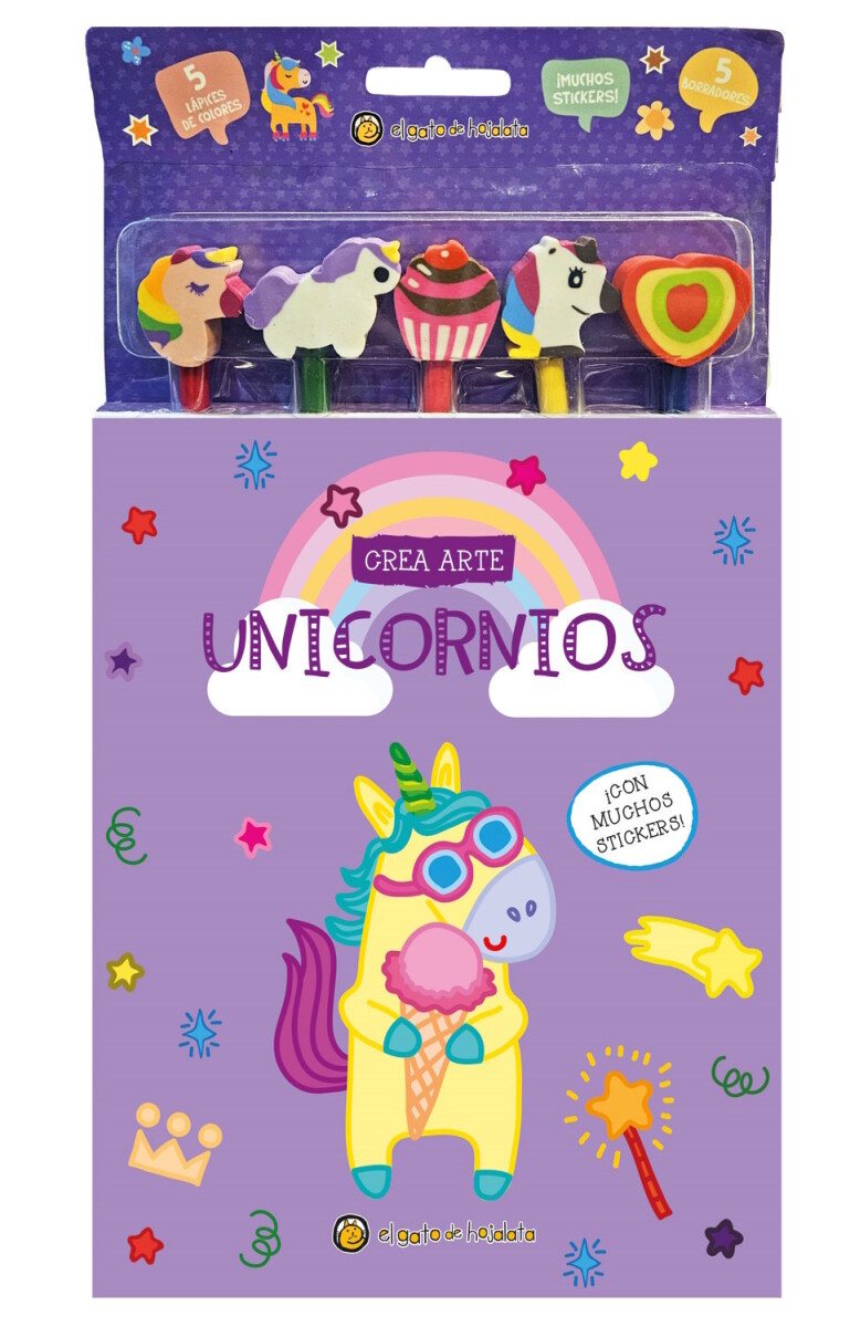 Crea arte: lápices, borradores y stickers. Unicornios 