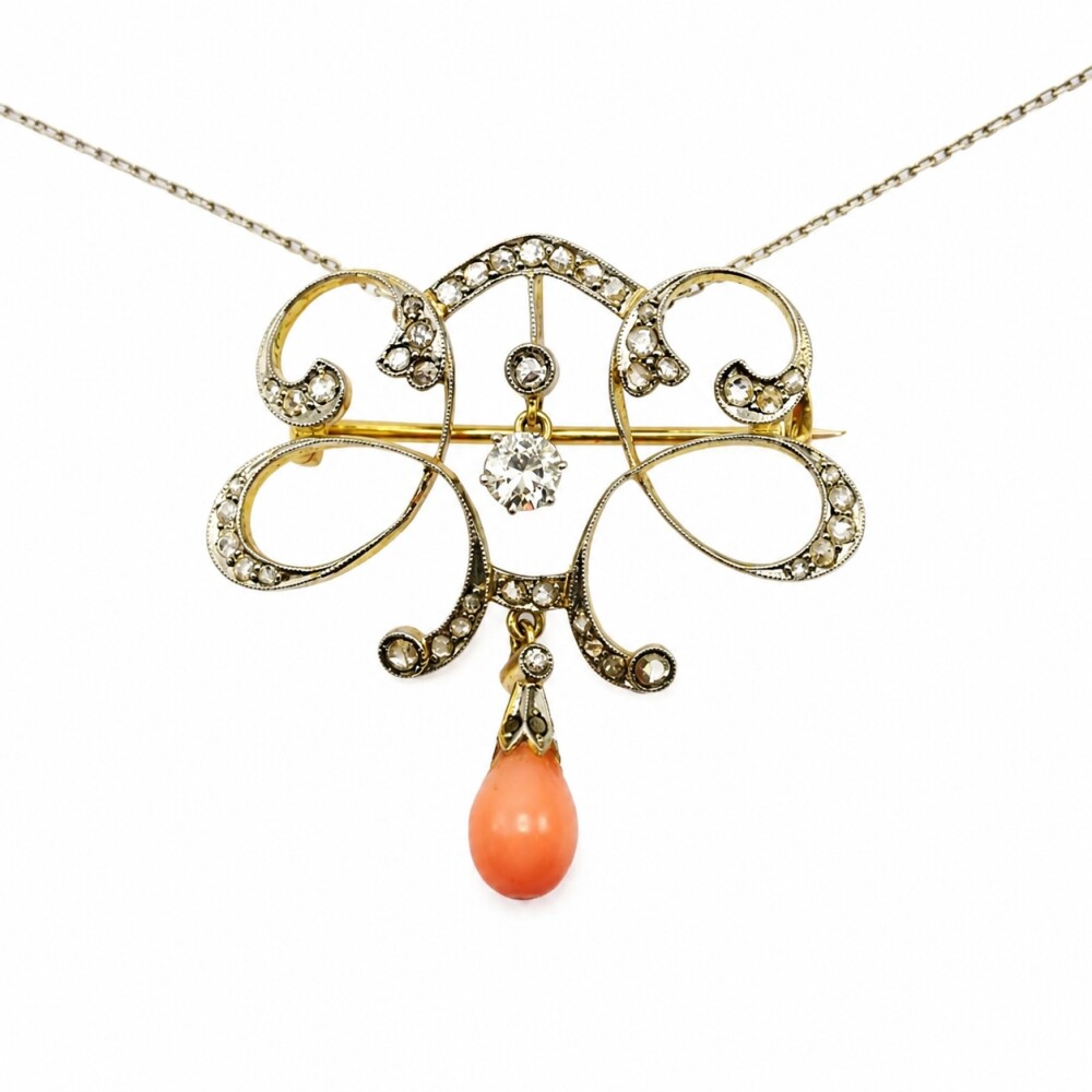 Pendantif Oro 18 K, brillante, diamantes y coral Pendantif Oro 18 K, brillante, diamantes y coral
