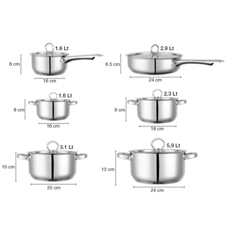 Juego Batería Cocina 15Pz Ollas Sartén Acero Inox Accesorios Plateado