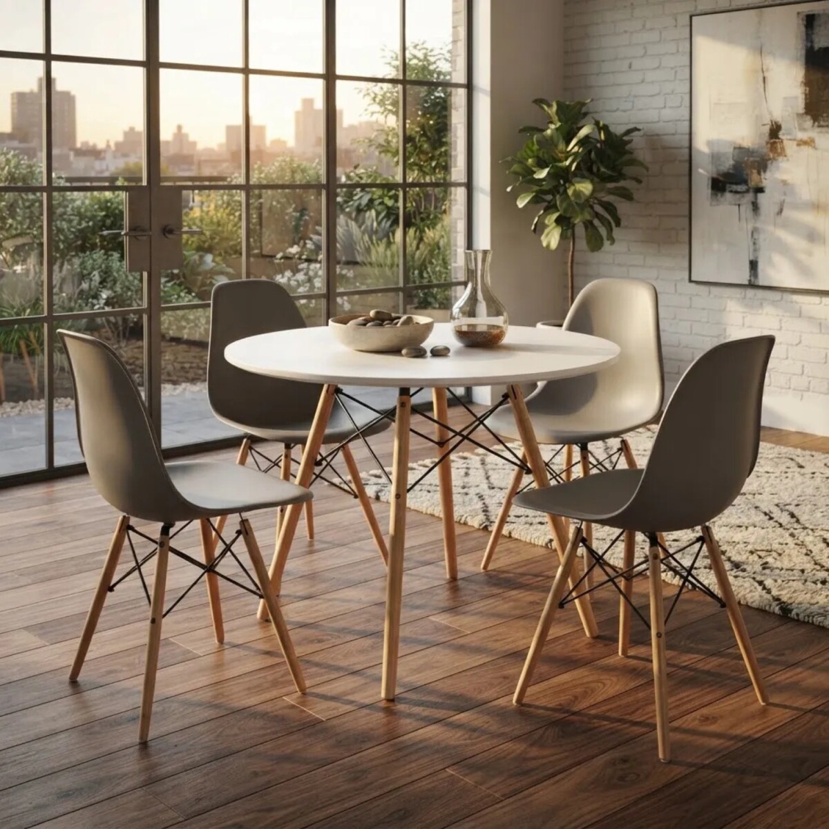 Juego de comedor Con Mesa Circular de 80cm + 4 Sillas Eames - Gris/Blanco 