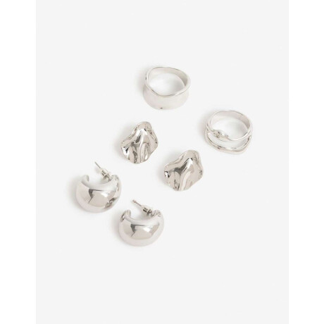 Set De Anillos Y Aros Metal Plateado Rodio