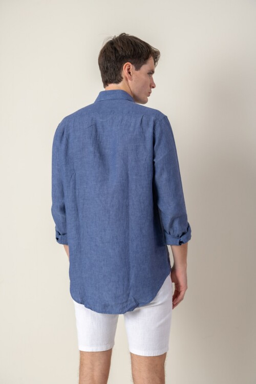 Camisa short collar lino Azul