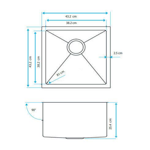 PILETA DE COCINA INOX 43.1X43.1X25 BAJO MESADA CON VALVULA 000