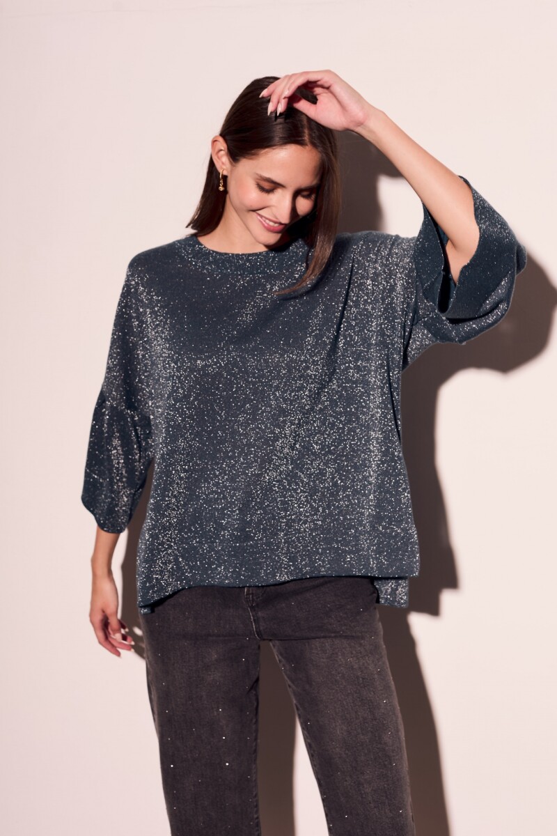 Sweater Manga Volados Lurex Petroleo