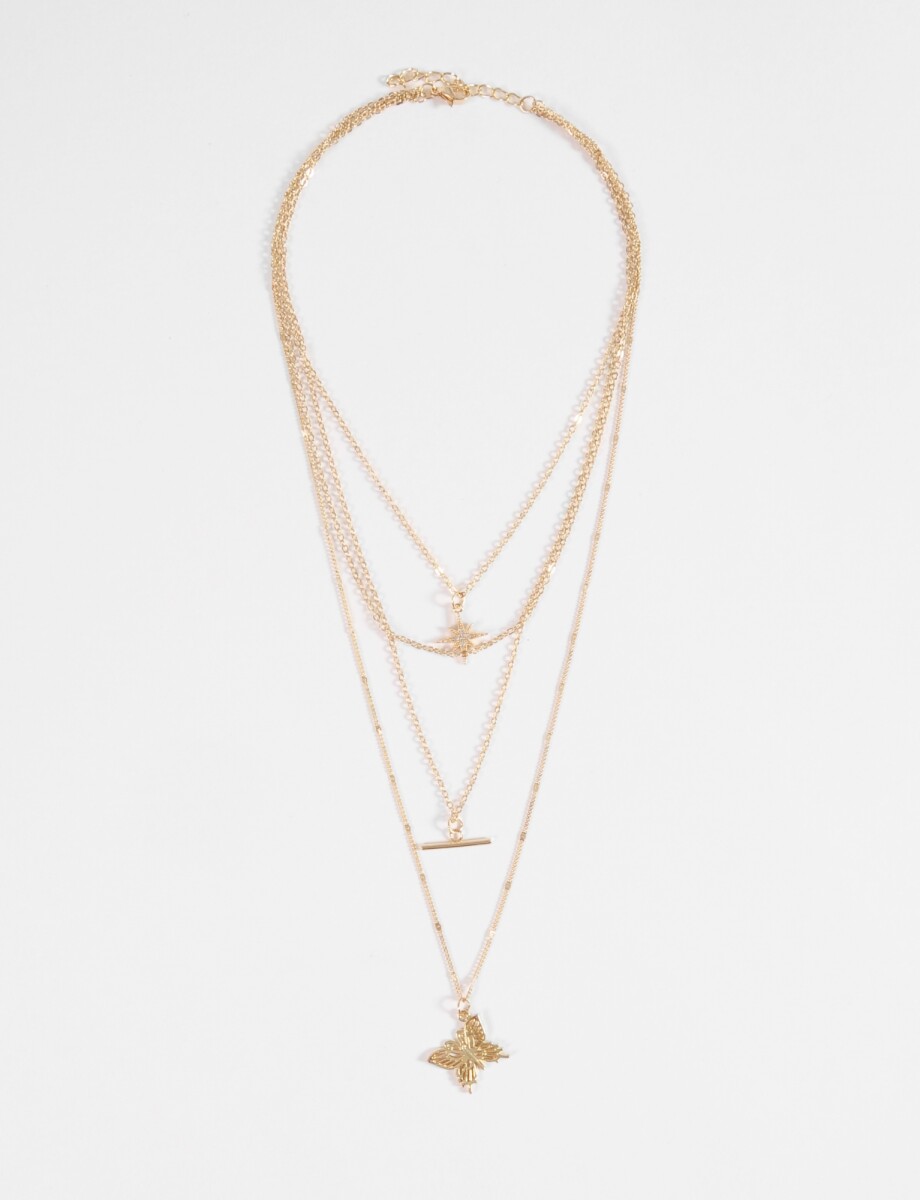 Collar triple dije mariposa - dorado 