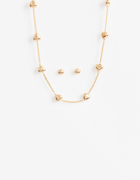 Bijouterie Set Metal Set De Aros Pasantes Y Collar Corazones - Dorado
