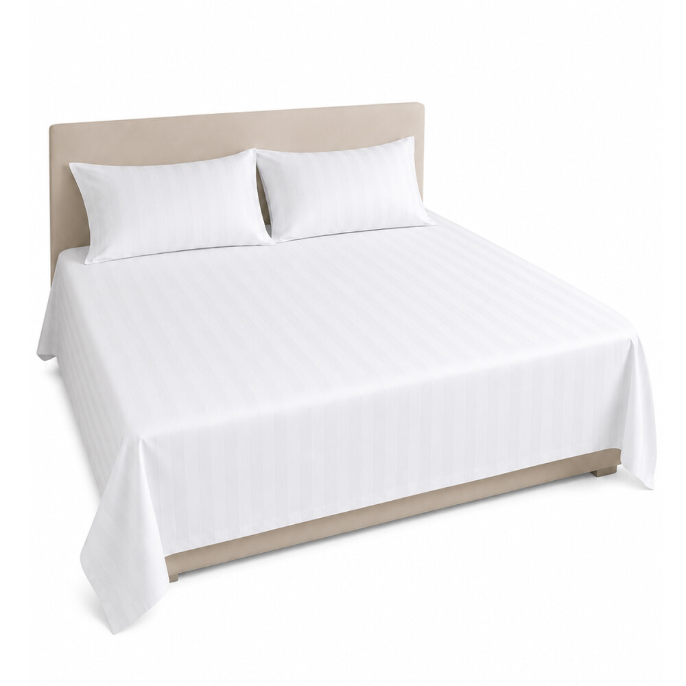 Juego de sábanas KING de tela a rayas Premium 400 hilos Blanco