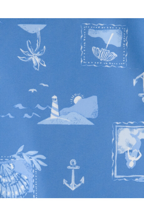 Malla de baño tres piezas, manga larga, con protección UPF 50+, azul, diseño a rayas y costero Malla de baño tres piezas, manga larga, con protección UPF 50+, azul, diseño a rayas y costero
