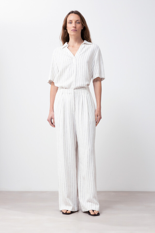 Pantalon pinzado de lino a rayas blanco