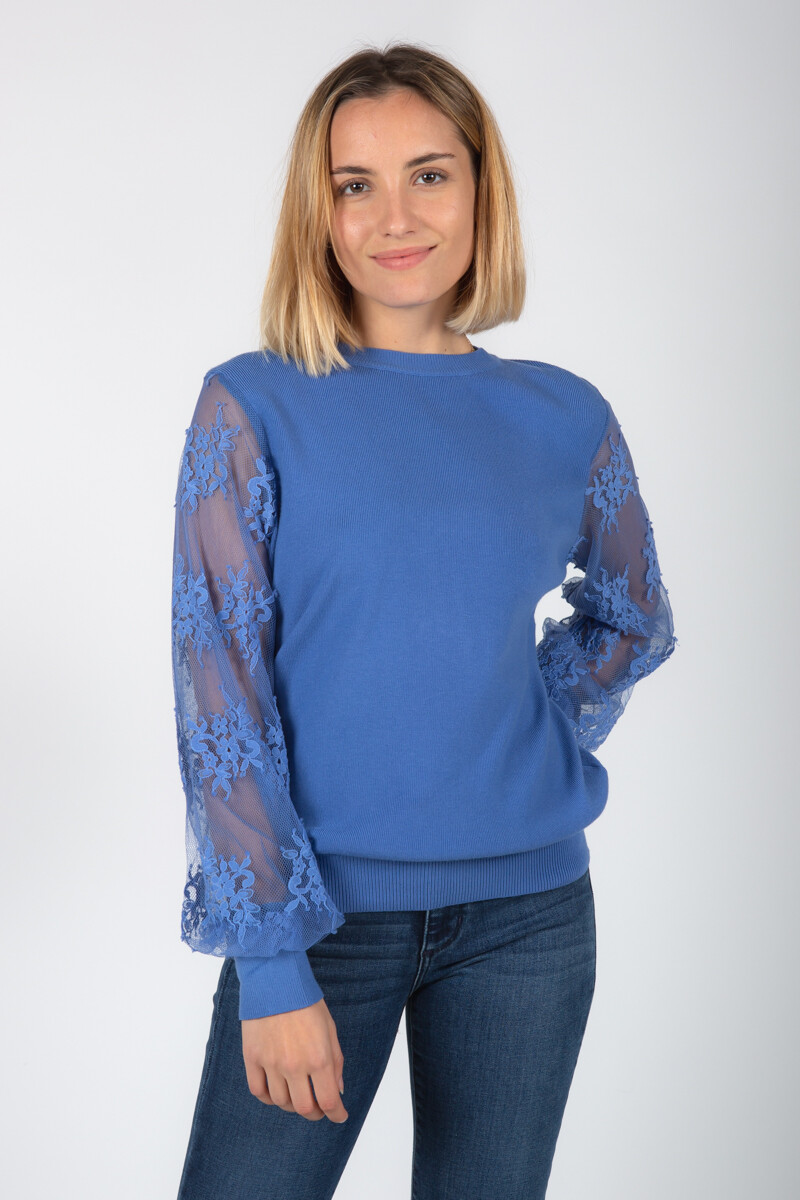 Sweater tejido con manga combinada - Azul 