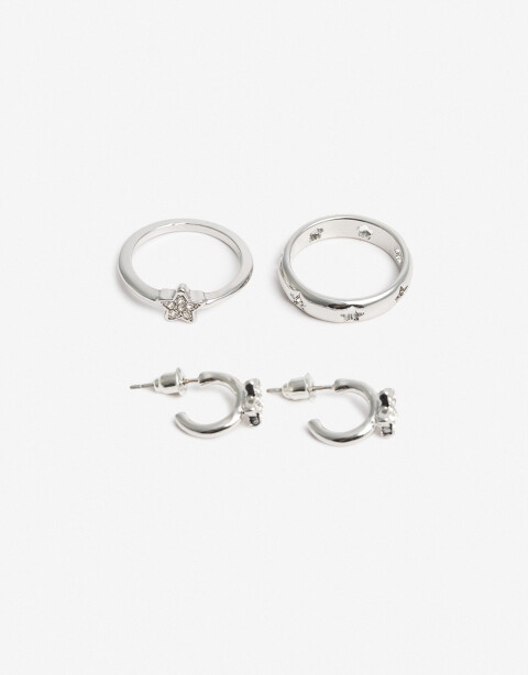Bijouterie Set Metal Set De Argollas Y Anillos - Plateado Rodio