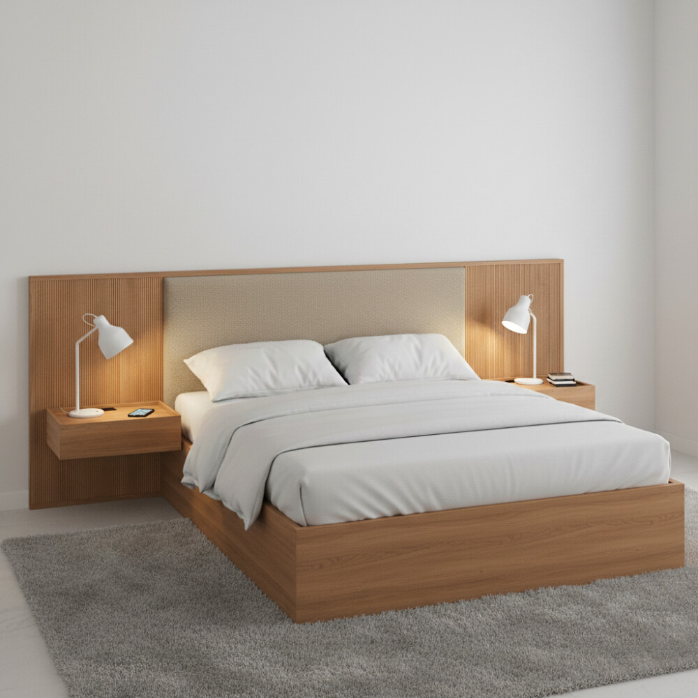 Respaldo Queen tapizado con mesa de luz - Moderna Marrón