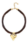 COLLAR MEZCLA DE HILO DE SEDA CON CUERO MARRÓN OSCURO Y DETALLE DE CORAZÓN BAÑADO EN ORO 18K Colgante
