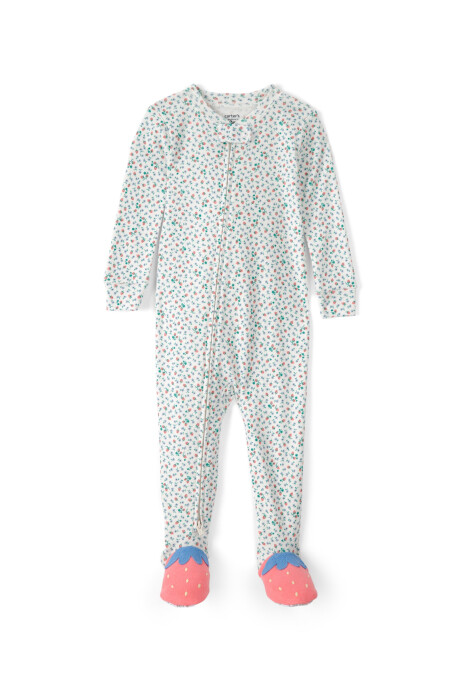 Pijama enterito de algodón con pie, diseño frutillas y flores. Talles 2-5T Sin color
