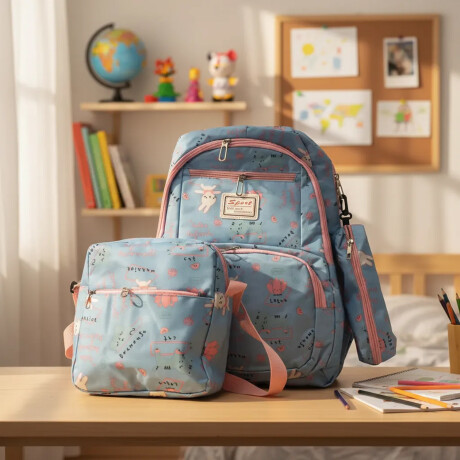 Set Mochila 3 Piezas Diseño Animalitos Escolar Resistente Celeste