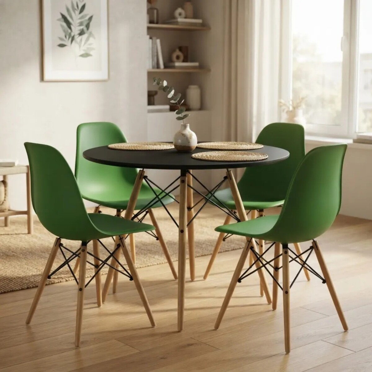 Juego de comedor Con Mesa Circular de 80cm + 4 Sillas Eames - Verde/Negro 