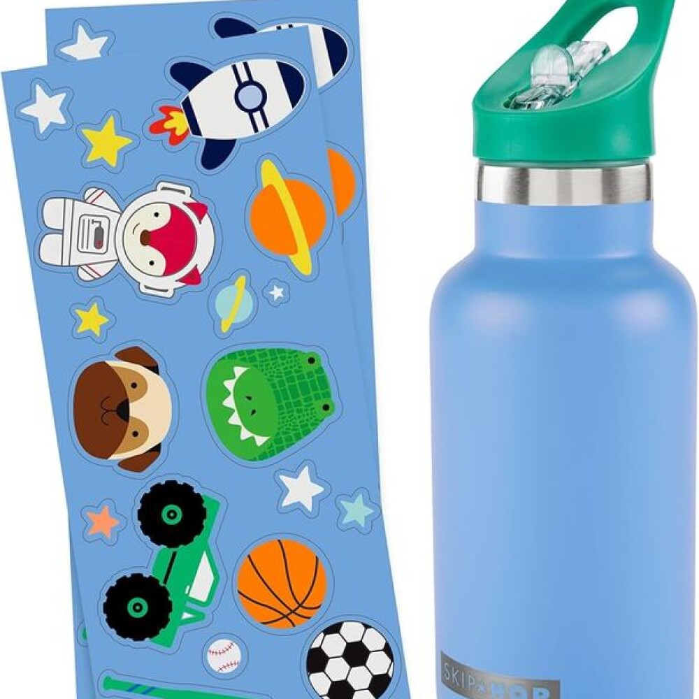 Botella acero inoxidable con sorbito y stickers skip hop celeste