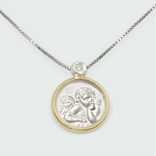 Medalla Angel Rafael de plata 925 con brillante y virola de oro 18k. (incluye cadena) Medalla Angel Rafael de plata 925 con brillante y virola de oro 18k. (incluye cadena)