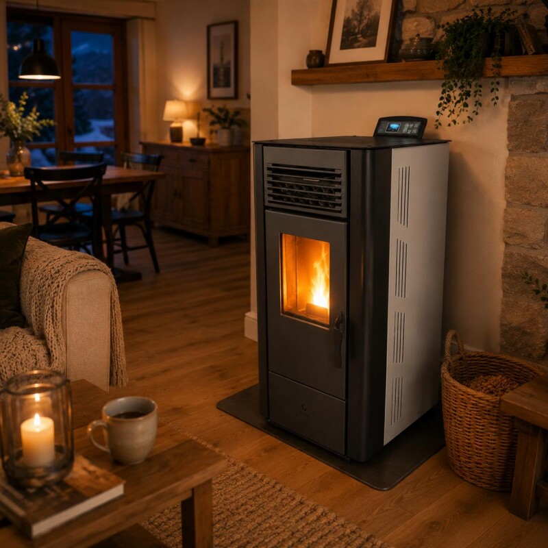 Calefactor Selma a pellet WiFi - con Kit de techo 10kW Blanco