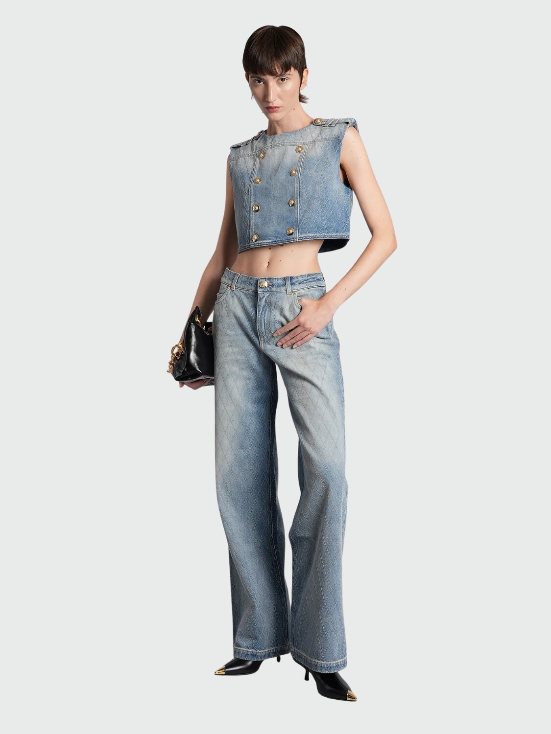 BALMAIN - TOP DENIM SIN MANGAS, CON BOTONES 6FC