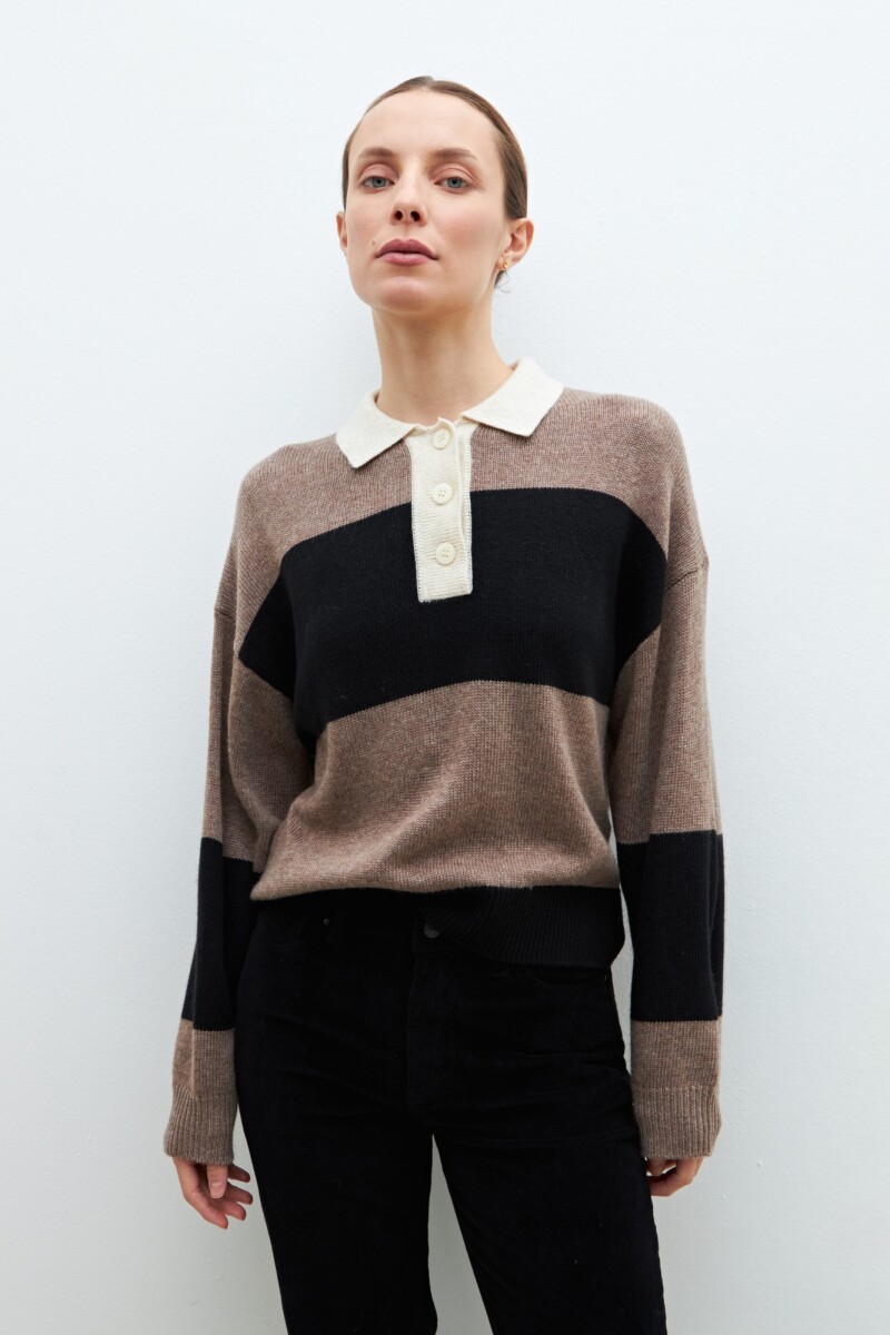 Sweater rayado cuello polo - beige melange 