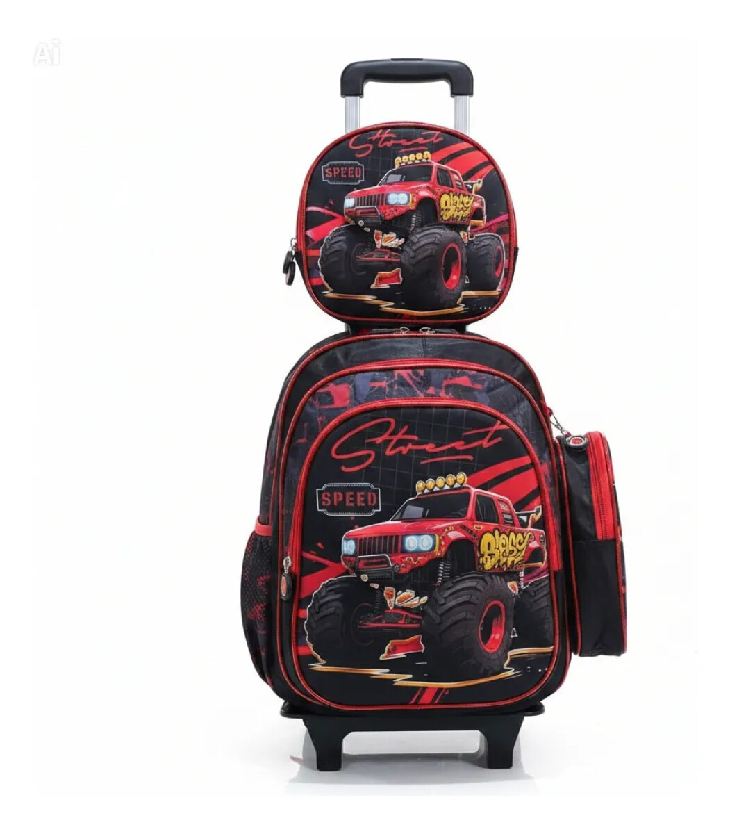 Mochila con carrito, lonchera y cartuchera. - Monster car 