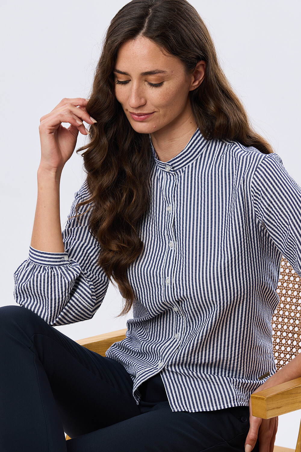 CAMISA RAYADA CON FRUNCES Azul