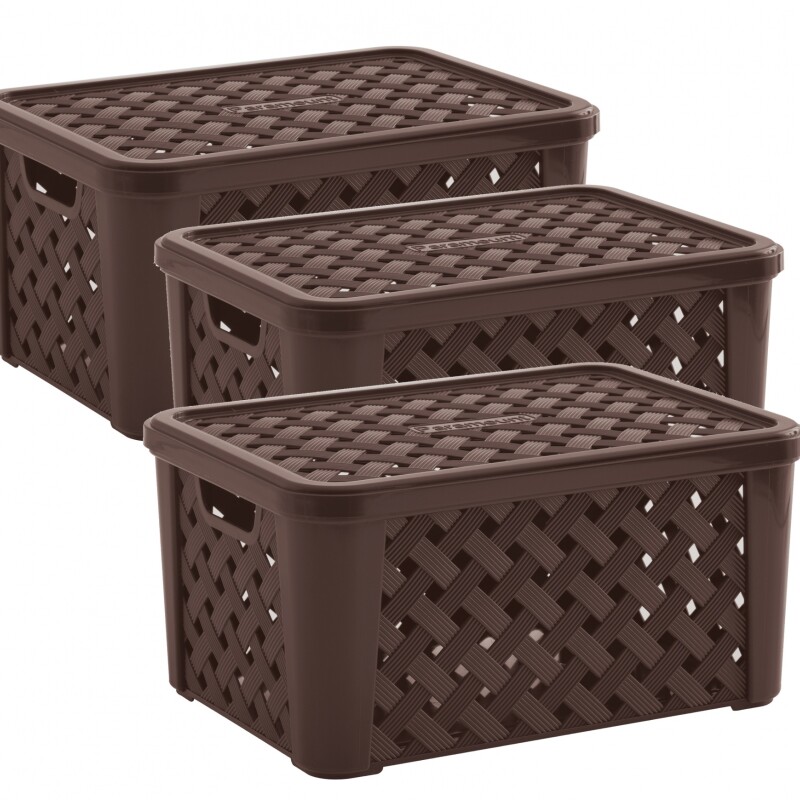 Set x3 Caja organizadora simil rattán con tapa P CHOCOLATE