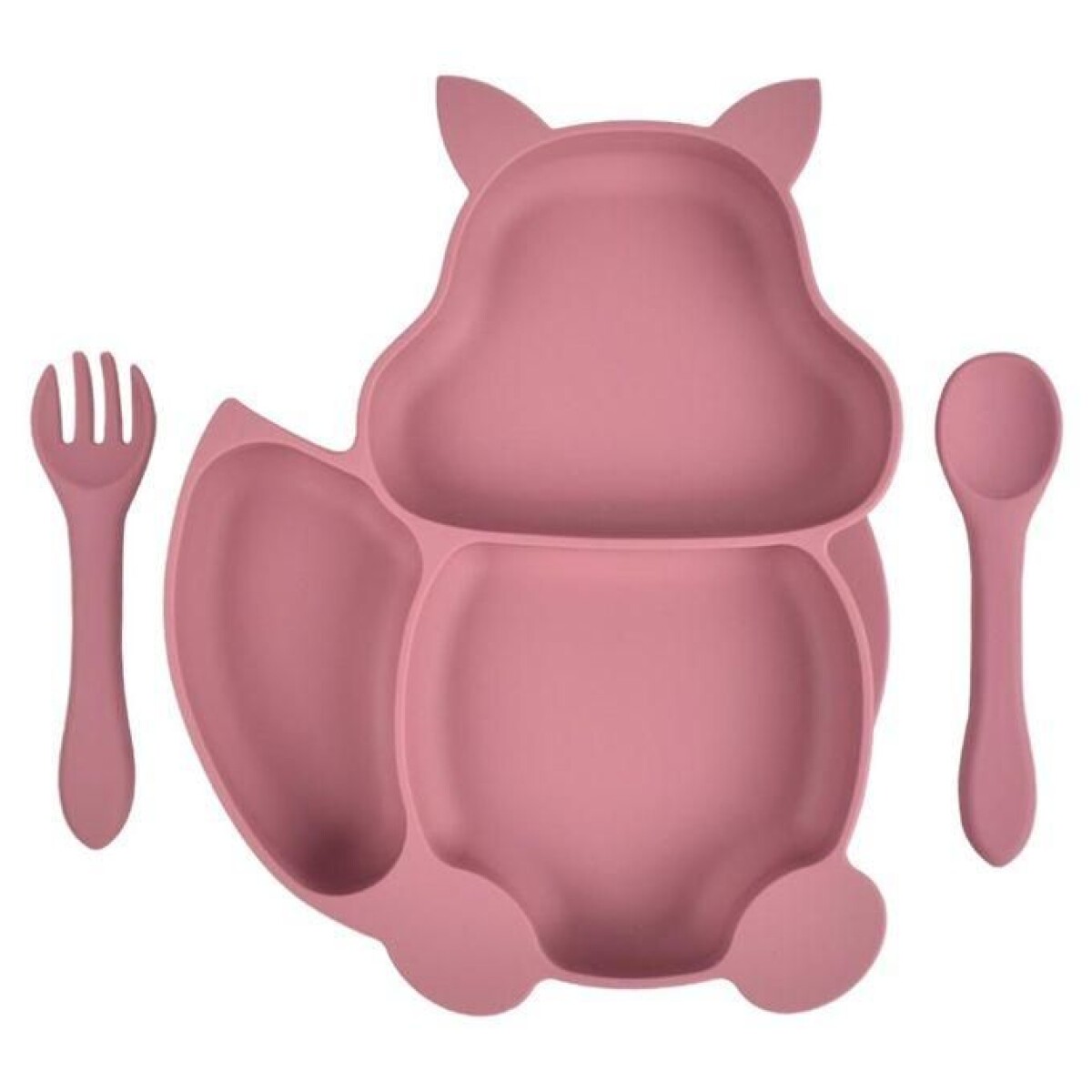 Set plato silicona ardilla con ventosa + cubiertos - Rosa 