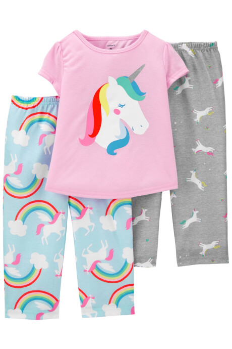 Pijamas Tres Piezas Remera Manga Corta y Dos Pantalónes Unicornio y Arcoiris 0
