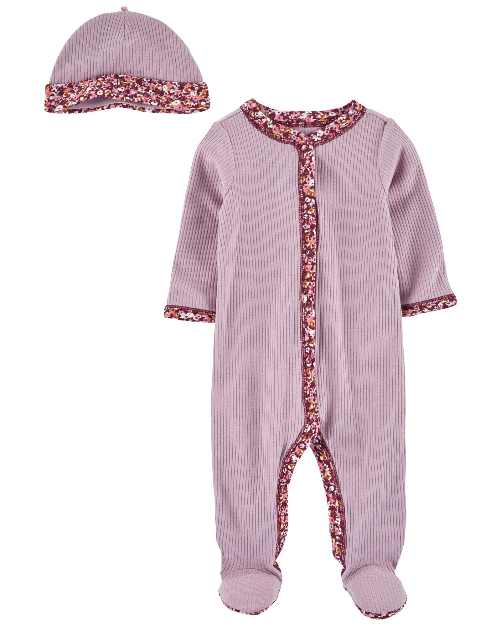Pijama una pieza con pie y gorro dobladillo floral Sin color