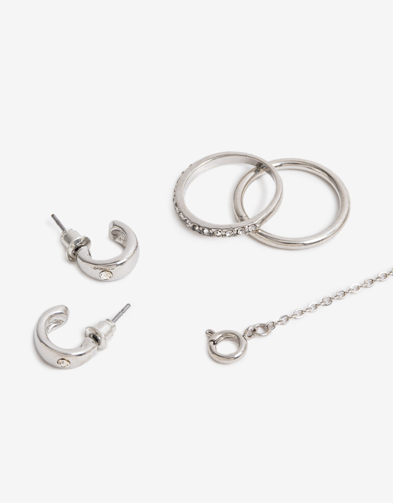Bijouterie Set Metal Bijou Set Metal Aros Pulsera Y Anillos - Plateado