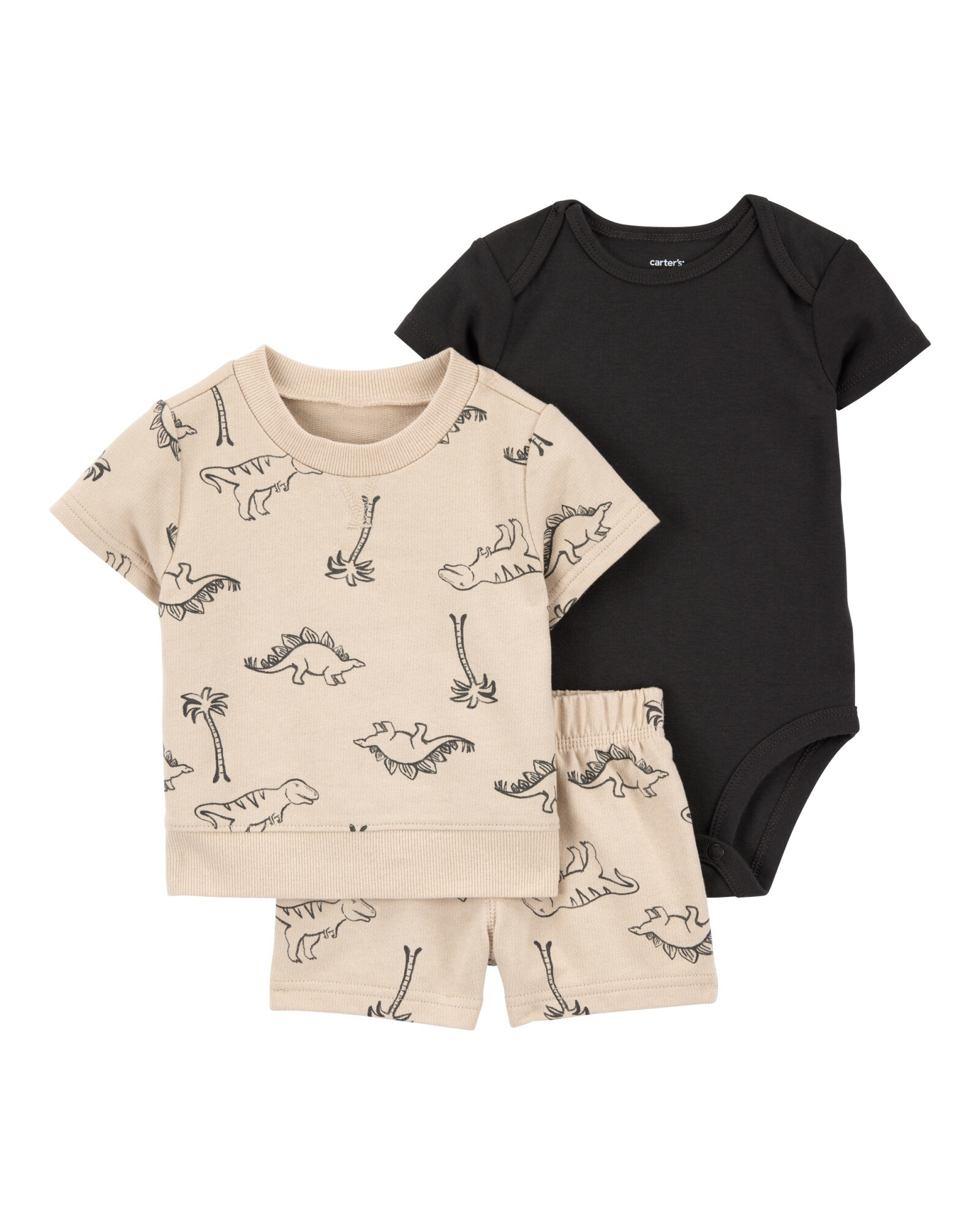 Set tres piezas de algodón, short, remera y body, diseño dinos Sin color