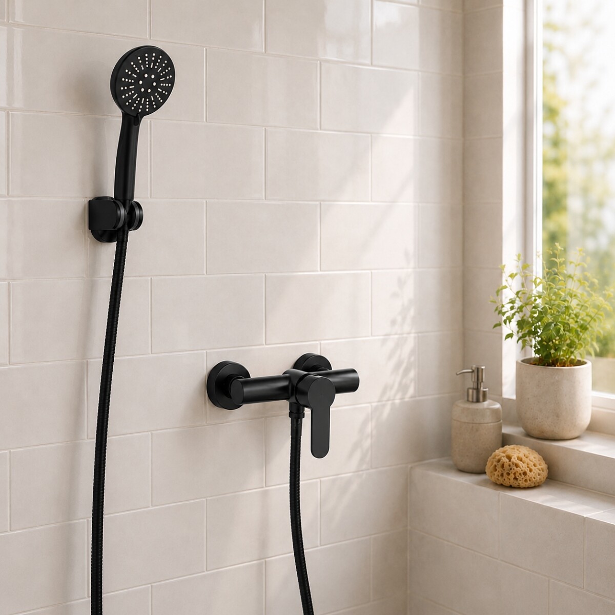 Grifería duchero teléfono + Soporte + Colilla baño - NEGRO 